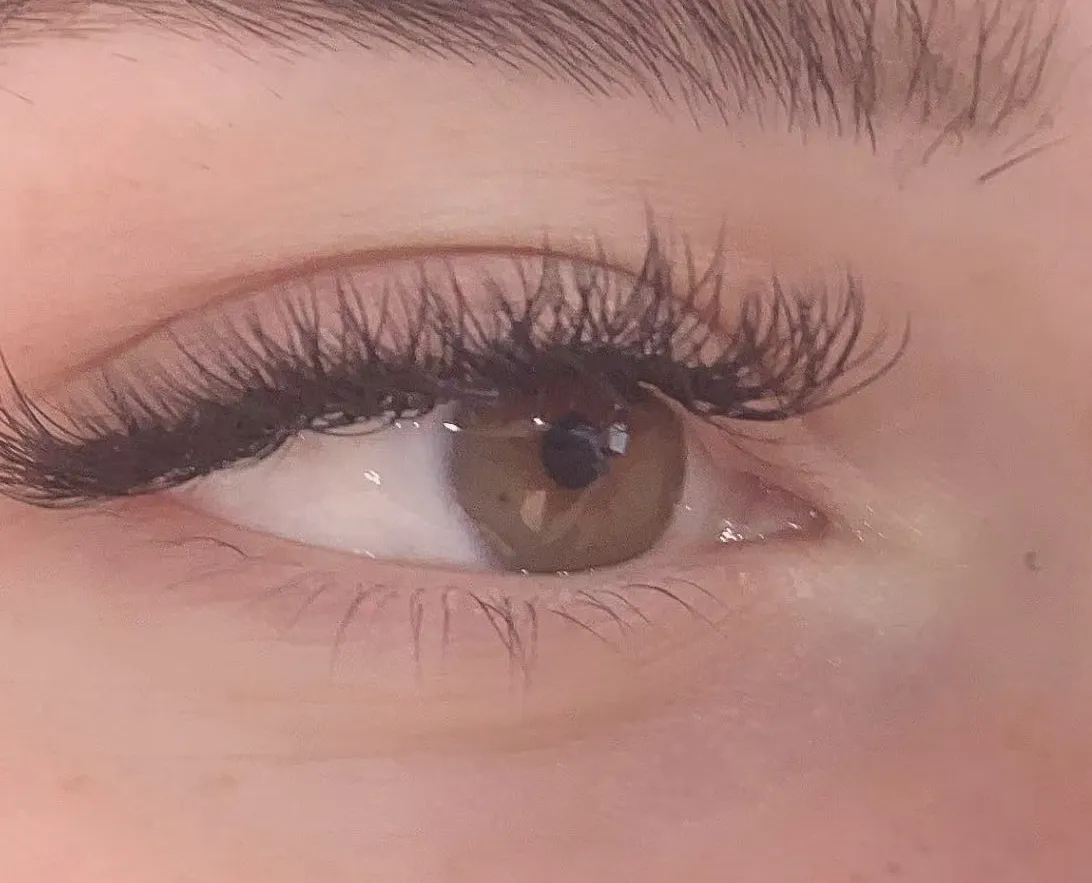 A 9D Volume set close along the upper lash line, with the client's own lashes visible under the fine fans of extensions